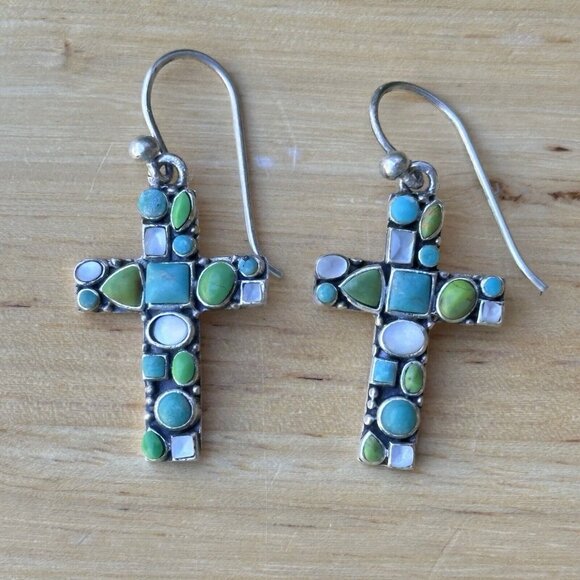 VTG Christian Cross Hook Earrings‎ 1.5" Turquoise Gaspeite 925 Sterling MOP 6.7g - Picture 1 of 4